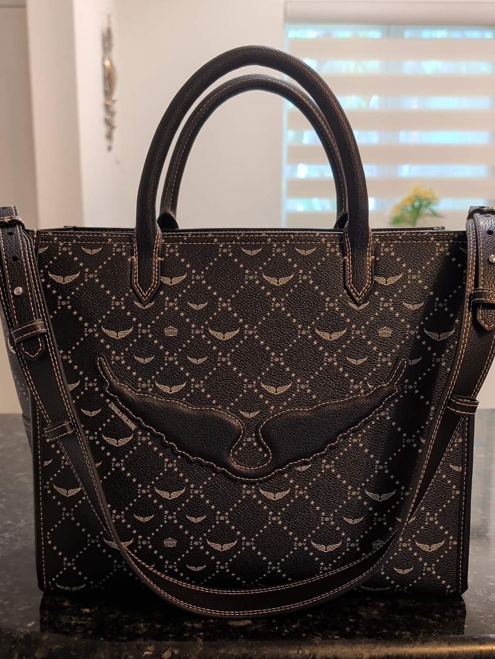 Zadic & Voltaire Angel Tote Monogram Black Patterned Leather Tote Bag